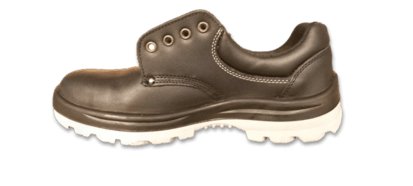 Zapato de seguridad GamaX, modelo 102A-1112P, en cuero flor color negro con suela gris, vista lateral.