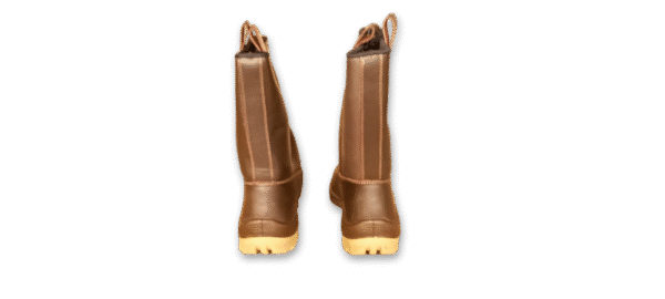 Vista trasera de un par de botas de seguridad robustas GamaX modelo 104A-114P, en color marrón, mostrando el tirador trasero para facilitar su colocación.