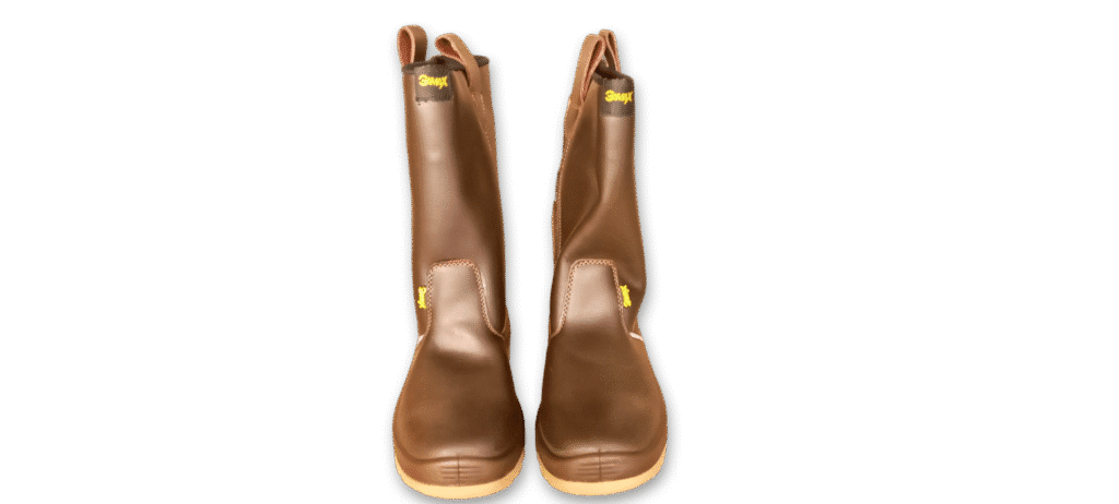 Par de botas de seguridad robustas GamaX, modelo 104A-114P, en color marrón, vistas de frente, con caña alta y sin cordones.