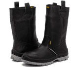 Par de botas de seguridad robustas GamaX, modelo 104A-114P, en color negro, vistas de frente, con caña alta y sin cordones.