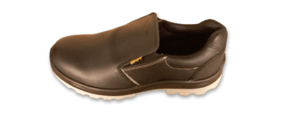 Zapato de seguridad GamaX, modelo 105A-115P, en cuero flor color negro con tela elastizada y suela de doble densidad de color blanco, vista lateral.
