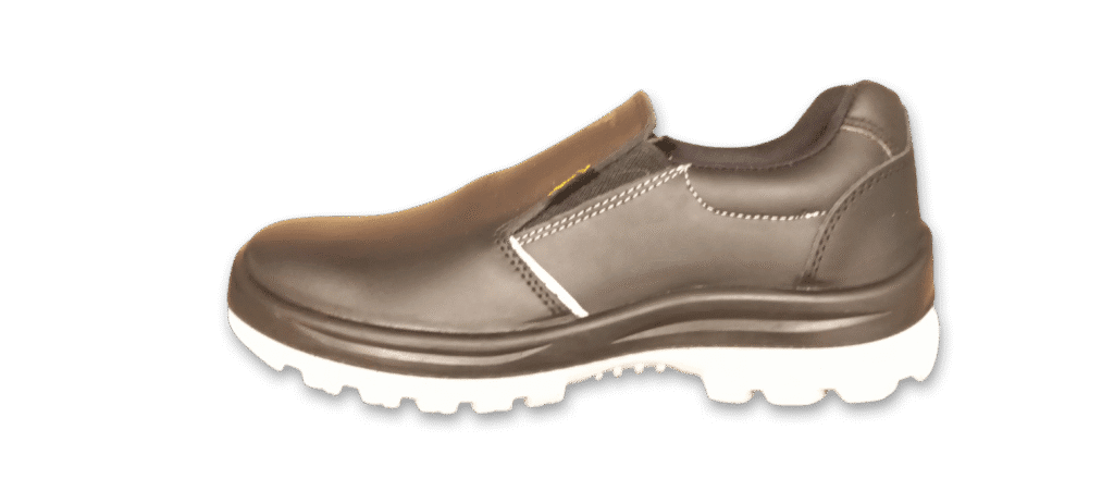 Zapato de seguridad GamaX, modelo 105A-115P, en cuero flor color negro con tela elastizada y suela de doble densidad de color blanco, vista lateral.