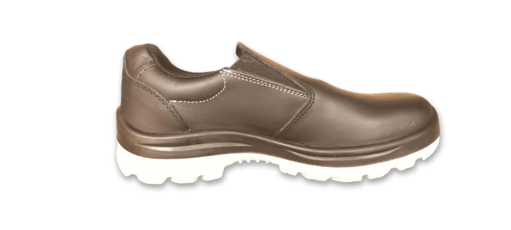 Zapato de seguridad GamaX, modelo 105A-115P, en cuero flor color negro con tela elastizada y suela de doble densidad de color blanco, vista lateral.