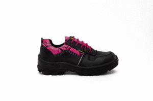 Zapatilla de seguridad Femenina Negra GamaX 106FCTA-116FCTP Rosa Zapatilla de seguridad para mujer GamaX, modelo 106FCTA-116FCTP, en color negro con detalles en textura de reptil rosa y cordones fucsia.