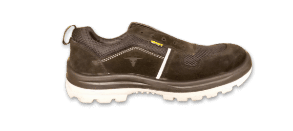 Zapatilla de seguridad GamaX, modelo 106GTA-116GTP, en color negro de gamuza y tela con suela gris, vista de perfil sin cordones.