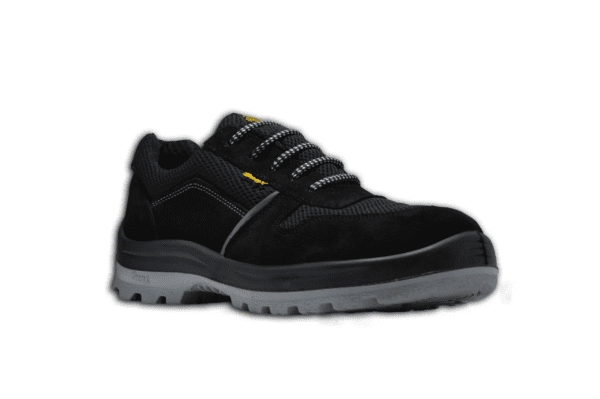 Zapatilla de seguridad GamaX, modelo 106GTA-116GTP, en color negro de gamuza y tela con suela gris, vista de perfil