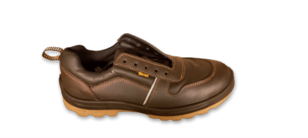 Zapatilla de seguridad GamaX, modelo 106CCA-116CCP, en color marrón de cuero flor con suela color caramelo, vista de perfil.