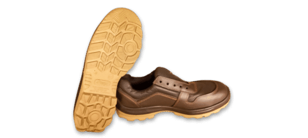 Zapatilla de seguridad GamaX, modelo 106CCA-116CCP, en color marrón de cuero flor con suela color caramelo, vista de perfil.
