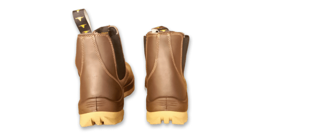 Par de botines de seguridad elásticos GamaX, modelo 108A-118P, en color marrón, vistos desde la parte trasera, mostrando los tiradores traseros y las costuras de la suela.