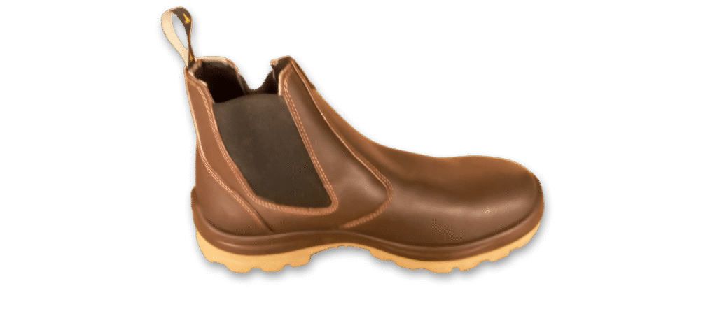 Botín de seguridad elástico GamaX, modelo 108A-118P, en color marrón, con vista lateral para mostrar el elástico lateral y la puntera de protección.