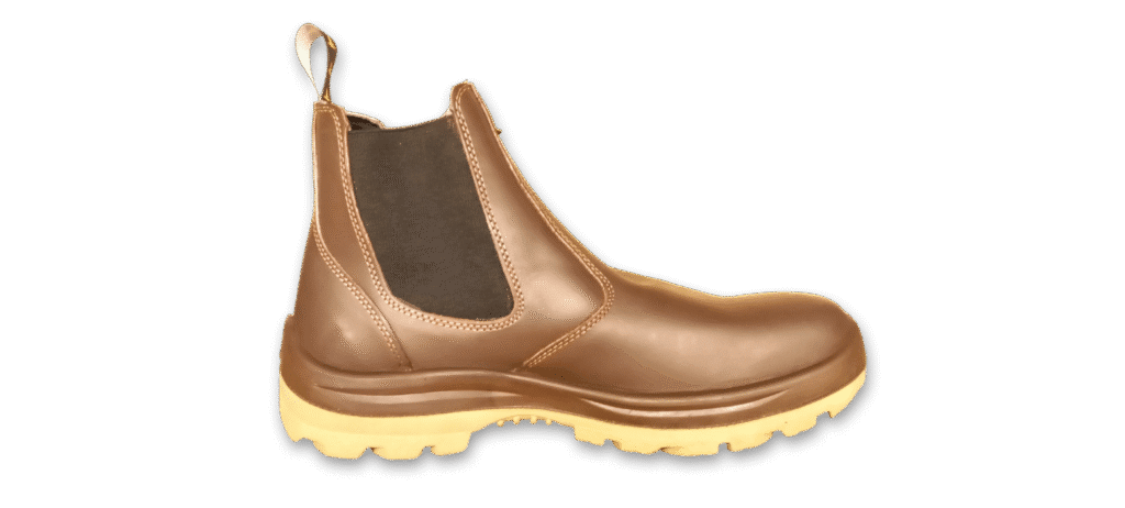 Botín de seguridad elástico GamaX, modelo 108A-118P, en color marrón, con vista lateral para mostrar el elástico lateral y la suela antideslizante.