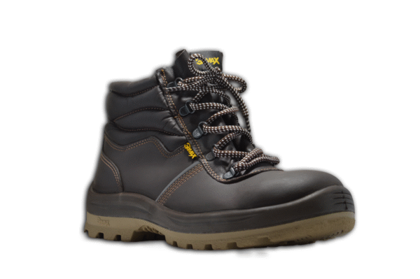 Par de botines de seguridad GamaX, modelo 110A-110P, en color marrón con cordones bitono, vistos de frente y perfil, mostrando la suela robusta.