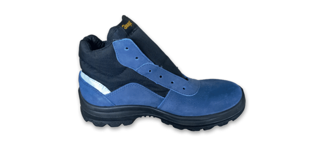 Botín de seguridad GamaX, modelo 206A-216P, en color azul de cuero nobúck, visto de perfil con suela negra y detalle reflectivo lateral.