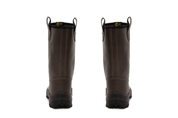 Par de botines de seguridad GamaX, modelo 400A-400P, en color marrón de cuero descarne, vistos desde la parte trasera.