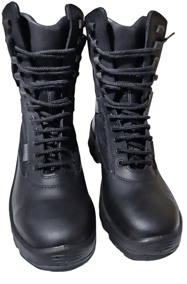 Borceguí táctico Szoder-GamaX modelo 911A-911P en color negro, visto de perfil, mostrando la combinación de cuero y tela para un diseño liviano y resistente.