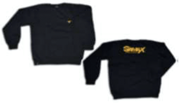 Dos buzos de frisa de color negro marca GamaX, mostrando el frente con un logo pequeño y la espalda con un logo grande.