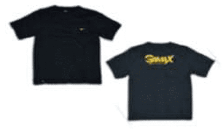 Remeras Jersey Negro GamaX REM1 - Frente y Espalda Dos remeras jersey de color negro marca GamaX, mostrando el frente con un logo pequeño y la espalda con un logo grande.