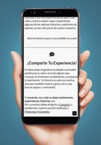 Comparte tu experiencia con Hipocampo Argentino. Pantalla de un celular mostrando una invitación a compartir testimonios sobre Hipocampo Argentino.