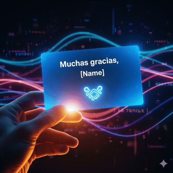 Una mano sostiene una tablet con una tarjeta de agradecimiento digital que brilla con calidez. El fondo oscuro con líneas de código y luces representa una conexión única y apoyo digital. La imagen evoca gratitud.