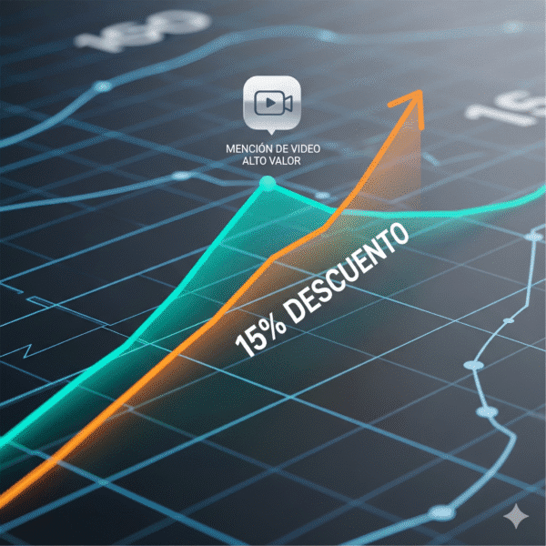 Un gráfico de barras en un fondo digital muestra una línea ascendente que representa un crecimiento constante. El texto '15% de descuento' sigue la línea de crecimiento, y un ícono de una cámara de video con 'Mención de video de alto valor' se encuentra en el punto más alto del gráfico. La imagen simboliza un crecimiento económico y una visibilidad profesional.