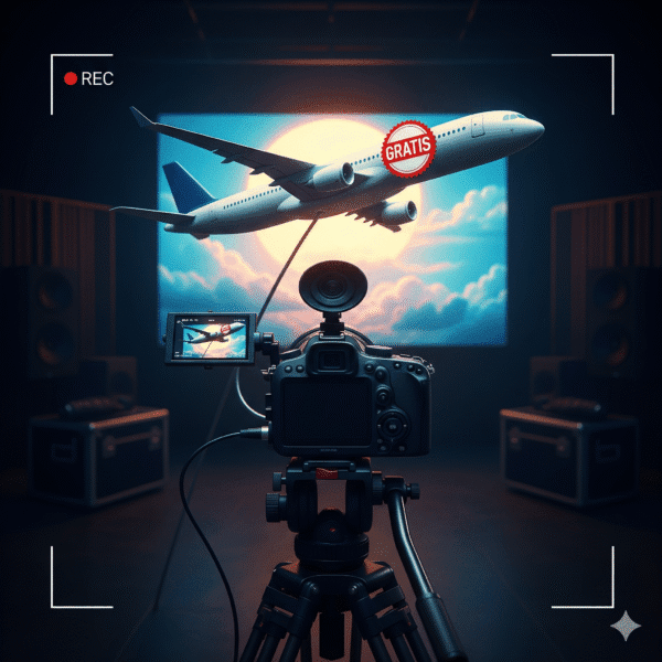 Una cámara de video profesional en un trípode graba un avión que flota en el aire. El avión tiene un sello rojo que dice 'GRATIS'. El fondo es una pantalla grande que muestra un cielo azul y un sol brillante. La imagen simboliza la creación de contenido de video con una oferta de producto gratuito.