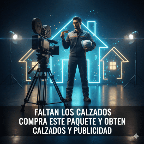 Un hombre con un casco de construcción sostiene un par de anteojos y un casco de seguridad. Se encuentra en un estudio con luces de neón en forma de casas. Delante de él, hay una cámara de video. Un texto en la parte inferior dice 'FALTAN LOS CALZADOS, COMPRA ESTE PAQUETE Y OBTEN CALZADOS Y PUBLICIDAD'. La imagen simboliza la venta de calzado y publicidad.