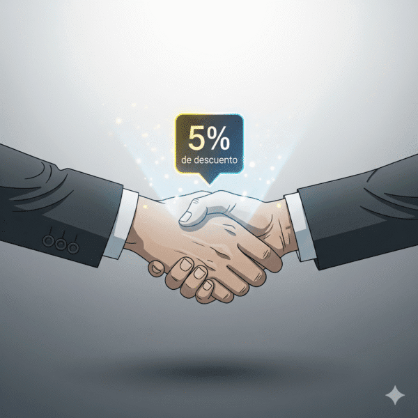 Dos manos se dan la mano en un acuerdo, y en el centro, un ícono brillante con el texto '5% de descuento' flota sobre ellas. El fondo es un degradado de gris. La imagen simboliza una colaboración y un beneficio mutuo.