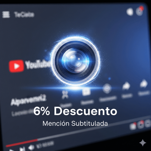 Una pantalla de video, que simula ser de YouTube, muestra el lente de una cámara brillando intensamente. El texto en la pantalla indica '6% de Descuento' y 'Mención Subtitulada'. El fondo es un entorno digital oscuro. La imagen simboliza la conexión entre un descuento y una mención en YouTube.