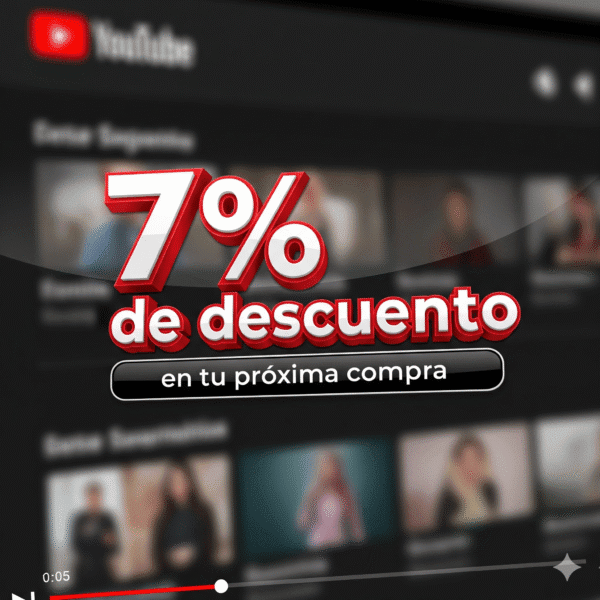 Un gran número 7 en 3D, seguido de '% de descuento', flota sobre un fondo desenfocado que parece ser la interfaz de YouTube. Una caja de texto negra debajo dice 'en tu próxima compra'. La imagen simboliza un descuento significativo por patrocinar la marca.