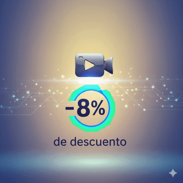 Un ícono de una cámara de video con un símbolo de 'play' en el centro, flotando sobre un círculo brillante que contiene el texto '-8% de descuento'. El fondo es un espacio digital borroso con puntos de luz. La imagen simboliza la conexión entre la visibilidad en video y un descuento.