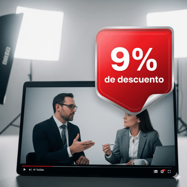 Una laptop en primer plano reproduce un video de YouTube con una entrevista profesional. Sobre la pantalla, un gran sticker rojo con un borde levantado muestra un '9% de descuento'. Al fondo, se ven luces de estudio fotográfico. La imagen simboliza un descuento por el patrocinio en videos profesionales.