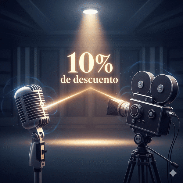 Un micrófono de estudio y una cámara de cine antigua se apuntan mutuamente con un rayo de luz. Entre ellos, un gran número '10%' flotante dice 'de descuento'. Un foco ilumina la escena desde arriba, que se desarrolla en un escenario o estudio oscuro. La imagen simboliza una recompensa por un patrocinio de alto nivel.