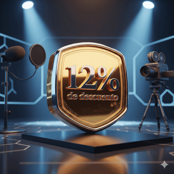 Un escudo dorado con un borde de metal, que brilla en el centro de un escenario con un foco de luz. En el escudo, el texto '12% de descuento' está grabado. Un micrófono y una cámara de cine están al lado, enfocando el escudo. La imagen simboliza un patrocinio de alta categoría.