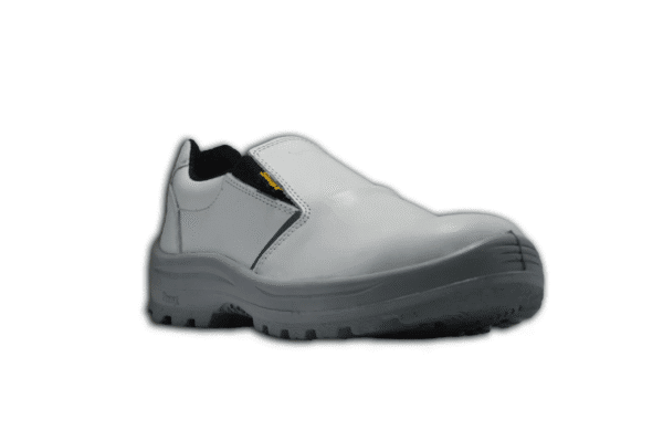 Par de zapatos de seguridad deportivos GamaX, modelo 107A-117P, en cuero flor color negro con suela de doble densidad de color blanco, vistas de espalda.