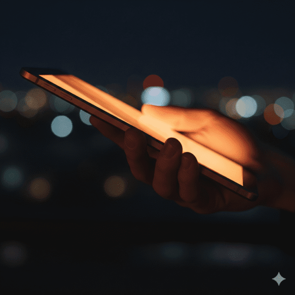 Una mano sostiene una tablet con imagen brillante. El fondo es un ciberespacio oscuro con ondas de luz y código digital. La imagen simboliza la gratitud y la conexión.
