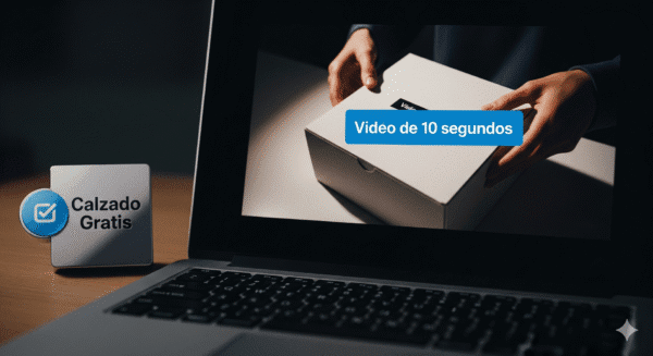 Una laptop abierta con la pantalla que muestra un video de YouTube. En el video, unas manos abren una caja blanca. Un texto en un recuadro azul que dice 'Video de 10 segundos' se superpone al video. A la izquierda de la laptop, una insignia flotante dice 'Calzado Gratis' con una marca de verificación. La imagen simboliza una recompensa de calzado gratis y un video exclusivo.