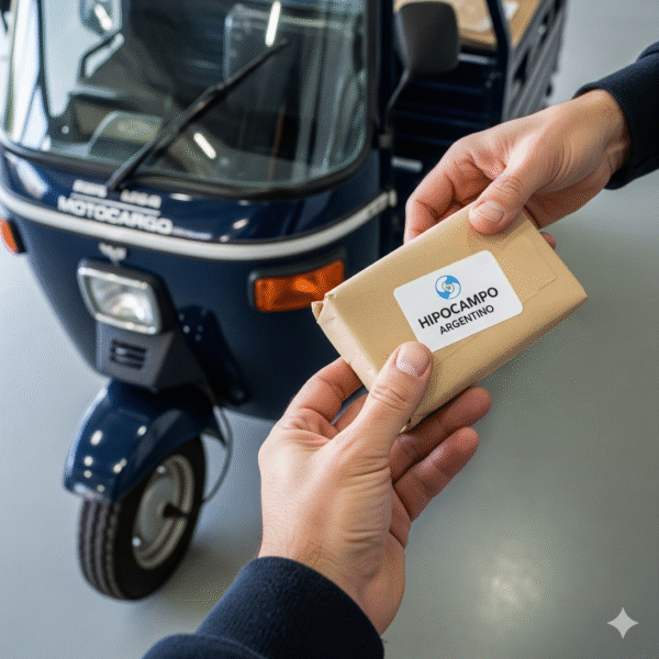 Dos manos, de un repartidor y un cliente, intercambian un paquete marrón con el logo de 'Hipocampo Argentino'. De fondo, se ve la parte delantera de una 'MotoCargo' azul. La imagen simboliza la entrega eficiente de productos.