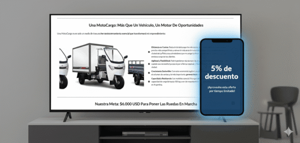 Una pantalla de televisión muestra el sitio web de Hipocampo Argentino con la sección 'MotoCargo'. Un smartphone flotando al lado de la pantalla muestra una oferta de '5% de descuento'. La imagen simboliza la conexión entre la campaña de la MotoCargo y los beneficios que obtienes al apoyar.