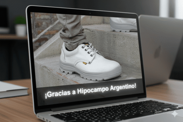 Una laptop abierta muestra un video en pantalla completa de una persona usando un calzado de seguridad de la marca 'GamaX'. El video tiene un subtítulo que dice '¡Gracias a Hipocampo Argentino!'. Se ve la esquina de otra laptop en el fondo. La imagen simboliza una mención de marca en un video de YouTube.
