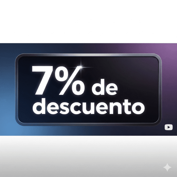 Un cuadro de texto oscuro con bordes redondeados y un brillo sutil, que muestra el texto en neón blanco '7% de descuento'. En la esquina inferior derecha se ve el logo de YouTube. El fondo es un degradado de azul y morado, lo que sugiere un entorno digital.