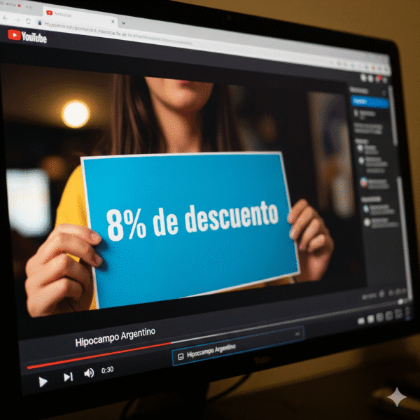 Un monitor de computadora muestra un video de YouTube en el que una persona sostiene un cartel azul con el texto '8% de descuento'. El monitor muestra el canal 'Hipocampo Argentino'. La imagen simboliza la mención del descuento dentro de un video de la marca.