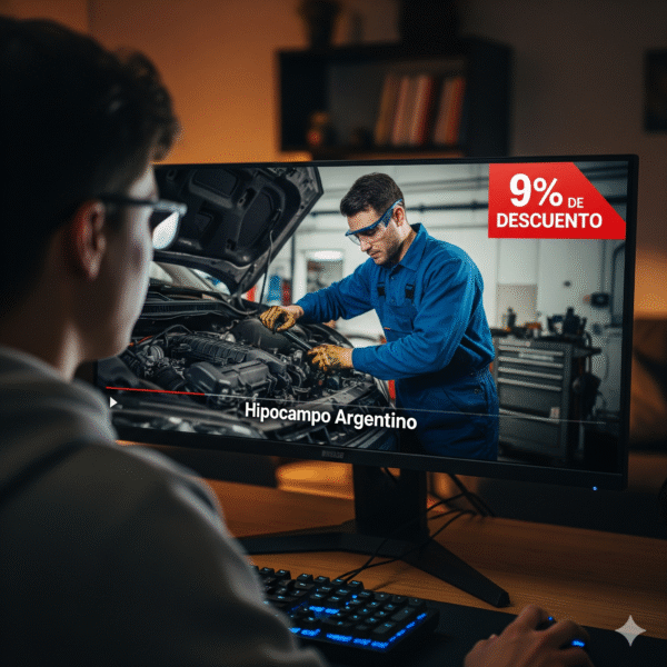 Una persona, vista de espaldas, observa un monitor de computadora que muestra un video de YouTube con un mecánico trabajando. Un gráfico en la esquina superior derecha del video dice '9% de descuento'. La imagen simboliza a un cliente que recibe un descuento por apoyar a la marca, visible en un video.