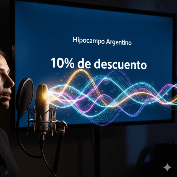 Una mujer, de perfil, habla en un micrófono de estudio. Detrás de ella, una pantalla muestra el nombre 'Hipocampo Argentino' y un '10% de descuento', junto con ondas de sonido luminosas en tonos amarillos, rosas y azules. La imagen simboliza una mención auditiva con un beneficio tangible.
