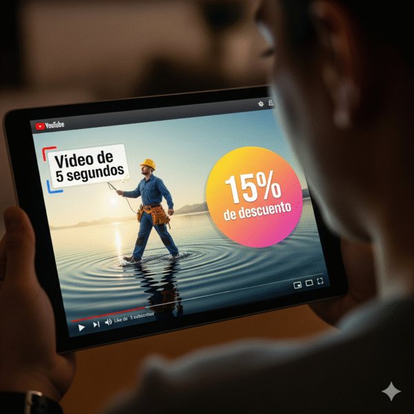 Una persona, vista de espaldas, sostiene una tablet que muestra un video de YouTube. En la pantalla, un hombre camina sobre el agua con botas de seguridad mientras un icono circular con el texto '15% de descuento' y un cuadro de texto de 'Video de 5 segundos' se superponen al video. La imagen simboliza una recompensa tangible y un video publicitario.