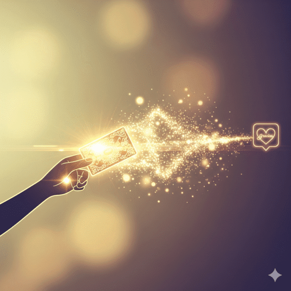 Una mano estilizada sostiene una tarjeta que emite una luz dorada y partículas brillantes en forma de una estrella y un ícono de 'Me Gusta' con la palabra 'Gracias'. El fondo está desenfocado con luces bokeh. La imagen simboliza el poder del apoyo y la gratitud.