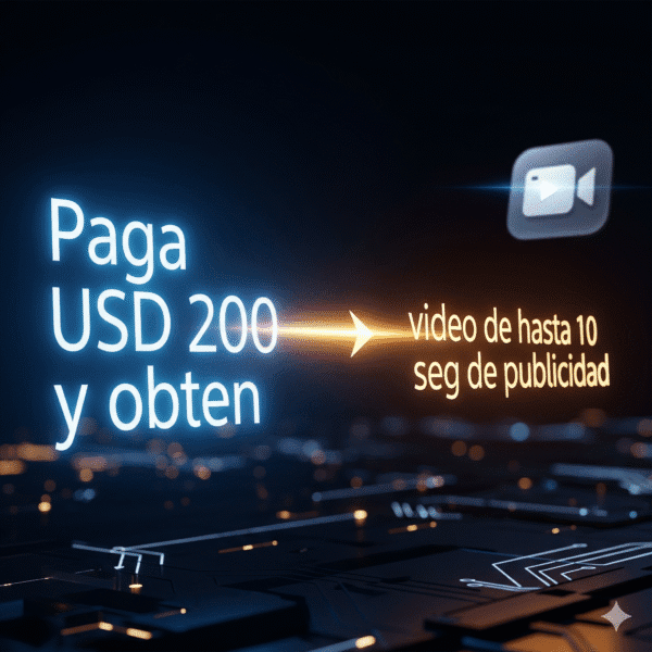 Una laptop en un escritorio, con la pantalla que muestra un video con una línea de tiempo digital y un ícono de cámara que representa un anuncio de video. Un texto que dice 'Paga USD 200 y obtén' está a la izquierda de la línea, con una flecha que señala al texto 'video de hasta 10 seg de publicidad'. La imagen simboliza una recompensa por un patrocinio de alto nivel.