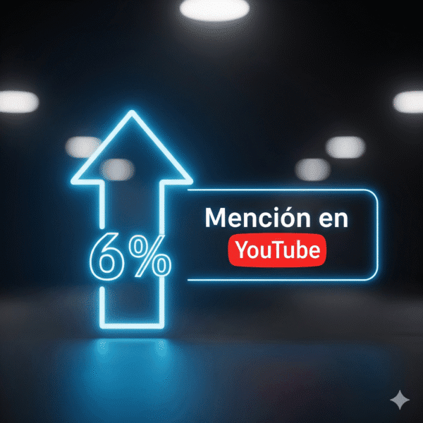 Una flecha de neón azul que apunta hacia arriba, con el texto '6%' en el centro. A su lado, un cuadro de neón con el texto 'Mención en YouTube'. El fondo es un espacio oscuro. La imagen simboliza el crecimiento y la visibilidad en YouTube.