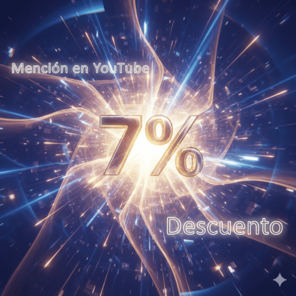 Una explosión de luz azul y dorada que surge del centro de la imagen, con un '7%' metálico y brillante. El texto 'Mención en YouTube' y 'Descuento' están escritos en la parte superior e inferior. La imagen simboliza un apoyo con impacto y un beneficio explosivo.