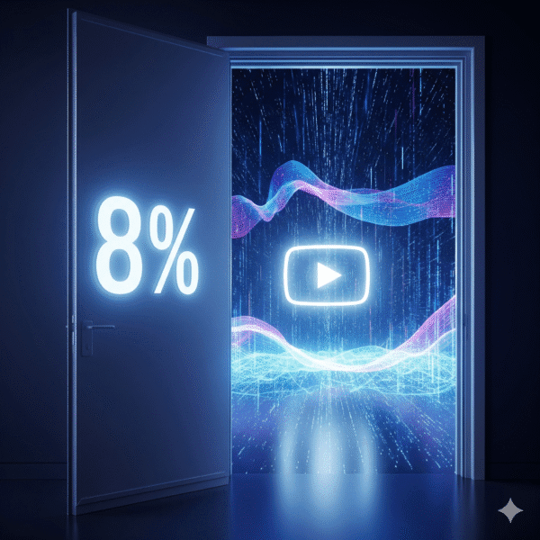 Una puerta abierta revela un paisaje digital vibrante y futurista con el logo de YouTube brillando. En la parte exterior de la puerta, se ilumina un '8%'. La imagen simboliza el acceso a nuevas oportunidades y visibilidad en YouTube con un 8% de descuento.