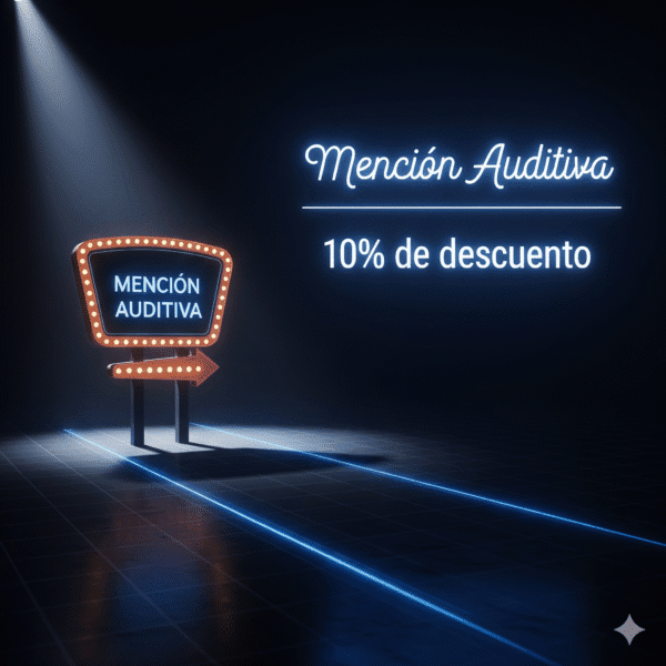 Un letrero de neón brillante, similar a los de un show de Las Vegas, con una flecha que apunta hacia la derecha y el texto 'Mención Auditiva'. Una luz de neón azul ilumina un piso de baldosas. El fondo es un escenario oscuro con una luz principal. El letrero simboliza un anuncio llamativo para un patrocinador.